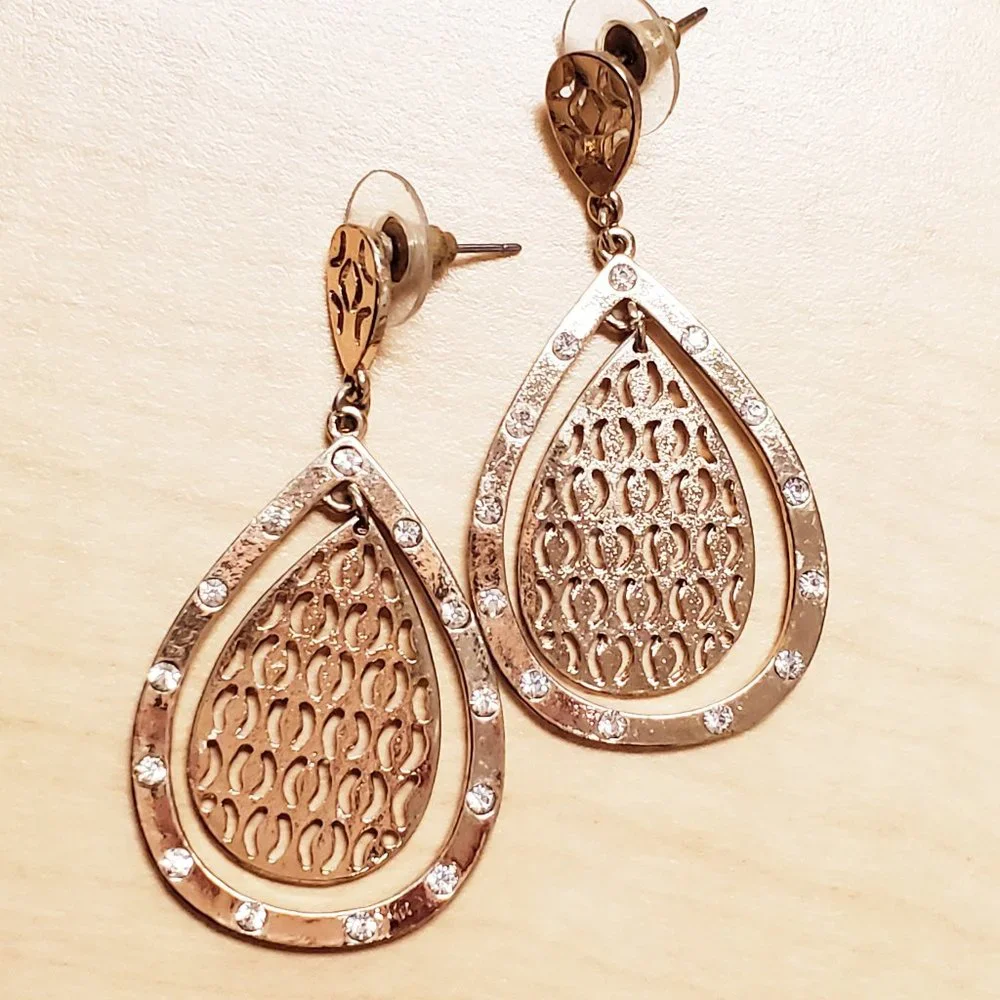 Beautiful Gold Teardrop Pierced Dangle Earrings with Rhinestone Accent
